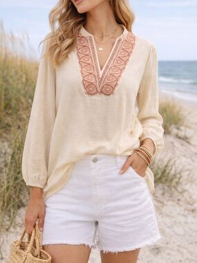 Spartina 449 Embroidered Tunic Blouse Coastal Resort Boho Cream M